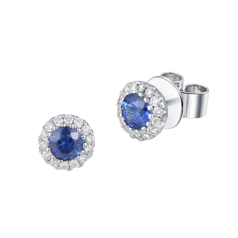 18ct White Gold Blue Sapphire & Diamond Halo Stud Earrings