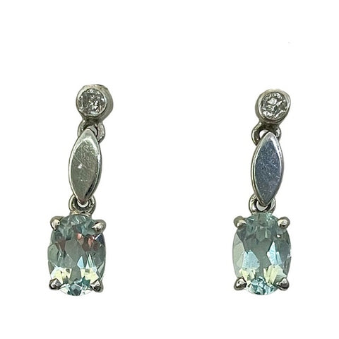 18ct White Gold Oval Aquamarine and Diamond Drop Earrings