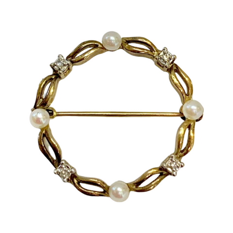 9ct Yellow Gold Pearl & Diamond Brooch