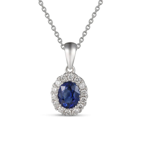 18ct White Gold Oval Cut Blue Sapphire and Diamond Halo Pendant